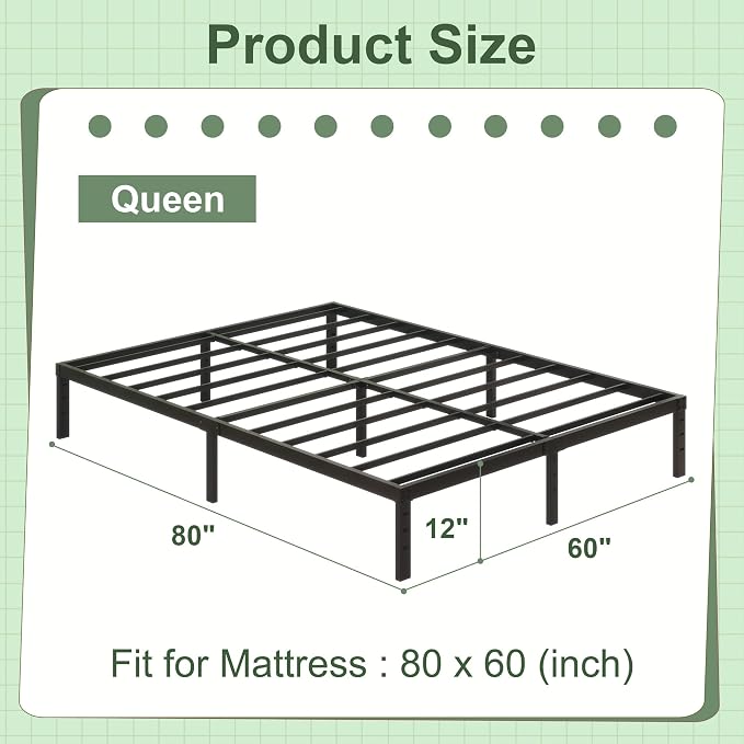 Cieemine 12 Inch Queen Size Metal Bed Frame, Heavy Duty Steel Slat Mattress Foundation,No Box Spring Needed, Easy Assembly, Noise-Free,Black