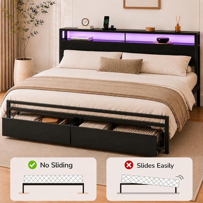 Zevemomo King Size Bed Frame with Storage Drawers, Bed Frame King Size with Headboard, LED Light, Charging Station with 2 USB Ports & 2 AC Ports, Noiseless, Black