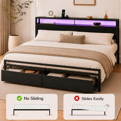 Zevemomo King Size Bed Frame with Storage Drawers, Bed Frame King Size with Headboard, LED Light, Charging Station with 2 USB Ports & 2 AC Ports, Noiseless, Black