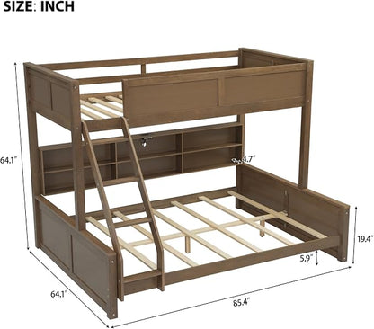 Wood Bunk Bed Twin XL Over Queen Size with Built-in Storage Cabinets and USB Ports, Versatile Bunk Bed Frame with Ladder and Guardrail for Kids Teens Adult, Maximize Space (Wood-T-Q)