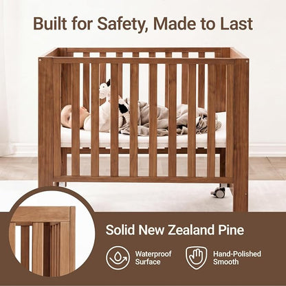 MAMAZING EvoNest 6-in-1 Convertible Baby Mini Crib with Wheels, GREENGUARD Gold Certified, 4 Adjustable Mattress Heights, 100% New Zealand Pine Wood, Portable Crib for Small Spaces, Walnut Brown