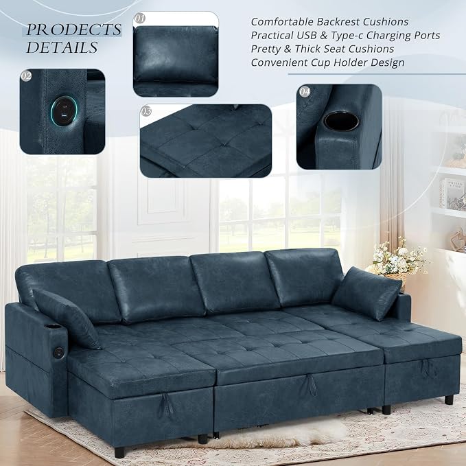 110 inches Suede Leather Sleeper Sofa w/Pull Out Bed, U-Shape Sectional Sofa Bed w/Adjustable Backrest and Storage Chaises, 4-Seats Upholstered Sofa Bed w/USB Port for Living Room, Blue