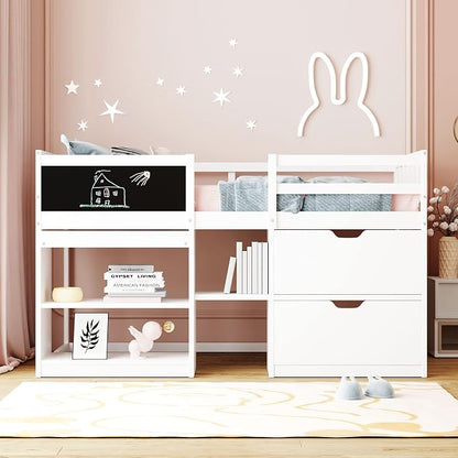 Bellemave Twin Size Low loft Bed for Kids,Wood Loft Beds,Modern Farmhouse Twin loft Bed,Loft Bed with Rolling Desk and Storage, Shelf and Drawers No Box Spring Needed,for Kids, White