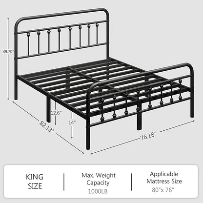 zunatu King Size Metal Platform Bed Frame/Victorian Style Headboard and Footboard/Steel Slat Support/Easy Assembly/No Box Spring Needed/Underbed Storage/Noise Free/Black