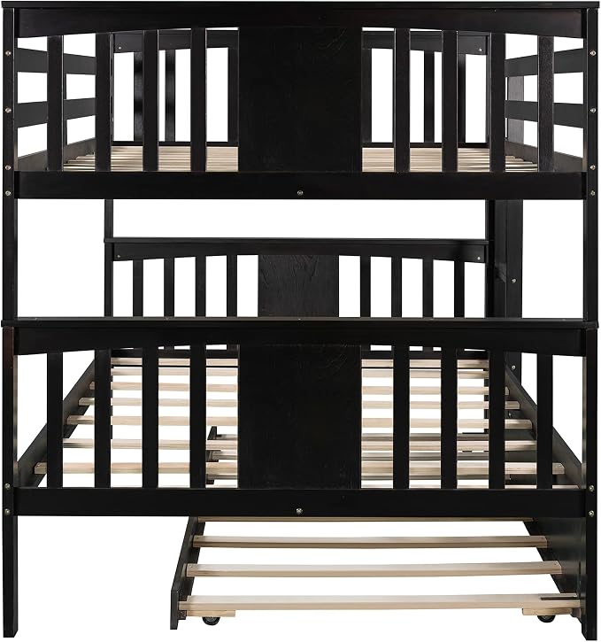 Merax Full Over Full Bunk Bed with Trundle, Convertible to Two Separate Beds, Solid Pine Wood Frame with Safety Guardrail & Headboard/Footboard, Sturdy Durable Design, No Box Spring Needed, Espresso