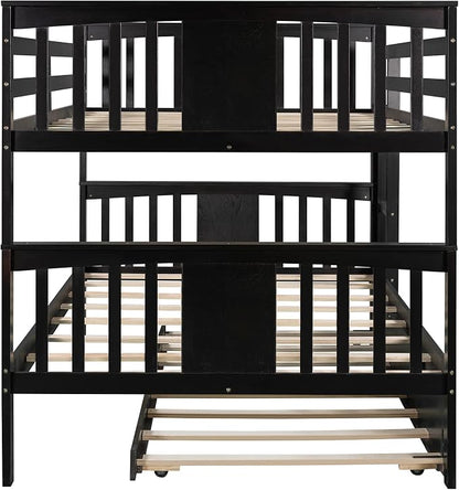 Merax Full Over Full Bunk Bed with Trundle, Convertible to Two Separate Beds, Solid Pine Wood Frame with Safety Guardrail & Headboard/Footboard, Sturdy Durable Design, No Box Spring Needed, Espresso