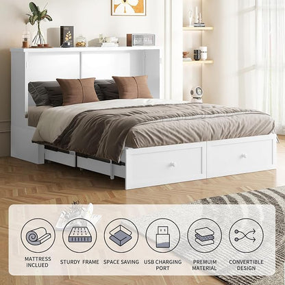 ijuicy Queen Cube Murphy Bed, Charge & Storage, Includes Mattress，White | Space-saving hideaway foldable design, practical temporary sleeping bed for guest room & small space use