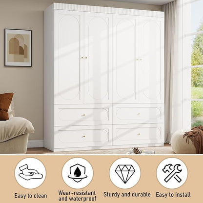 Armoire Wardrobe Closet with Drawers: 74 Inch Tall 4 Door Armoire Wardrobe Closet with 4 Drawers, Wood Modern Wardrobes Cabinet for Bedroom (White)
