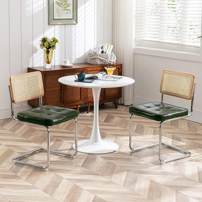 Zesthouse Natural Rattan Dining Chairs Set of 6, Mid Century Modern Dining Room Chairs with Chrome Leg, Faux Leather Kitchen Chair with Solid Wood Back & Cane Mesh, Breuer Cesca Design Inspired, Green