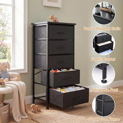 Fixwal Black Tall Skinny Dresser for Bedroom, Narrow Storage Dresser Organizer with 5 Fabric Drawers, Nightstand Furniture in Closet, Entryway, Hallway