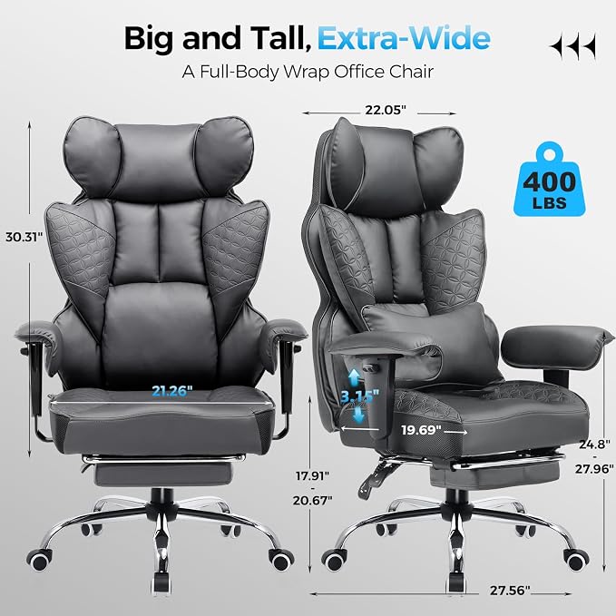 GTPLAYER Big and Tall Gaming Chair 400lbs Heavy Duty Office Chair with Foot Rest & Ergonomic Pocket Spring Lumbar Support, High Back 3D Saddle Shaped Cushion for Back Pain Relief, Grey