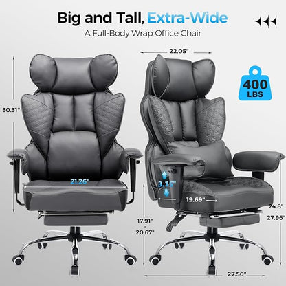 GTPLAYER Big and Tall Gaming Chair 400lbs Heavy Duty Office Chair with Foot Rest & Ergonomic Pocket Spring Lumbar Support, High Back 3D Saddle Shaped Cushion for Back Pain Relief, Grey