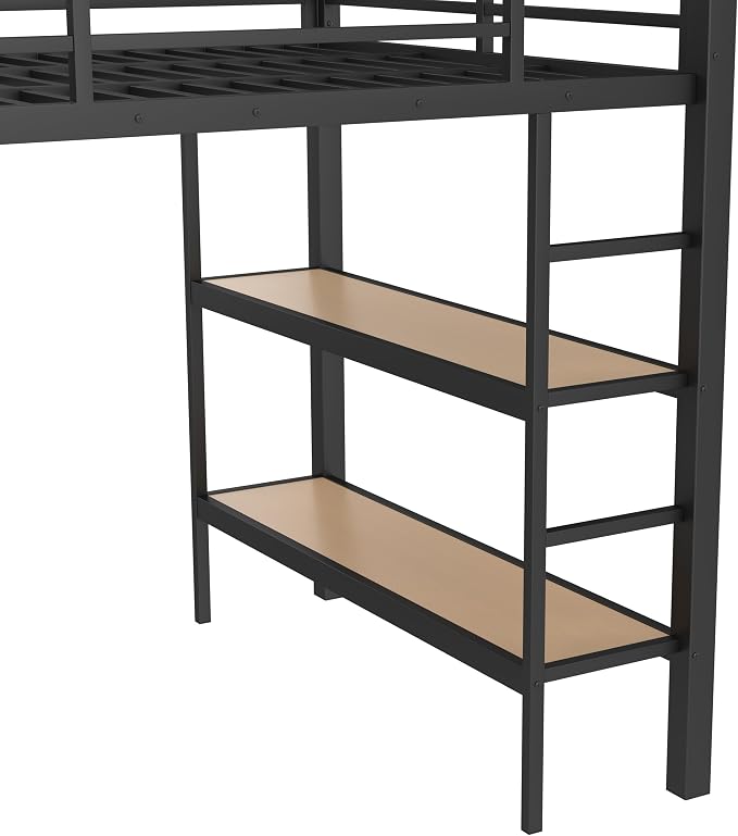 Bellemave Full Size loft Bed with Wardrobe and Storage Shelves and Pegboard Drawers, Metal Full Loft Bed Frame for Adults, Kids, Teens, Black