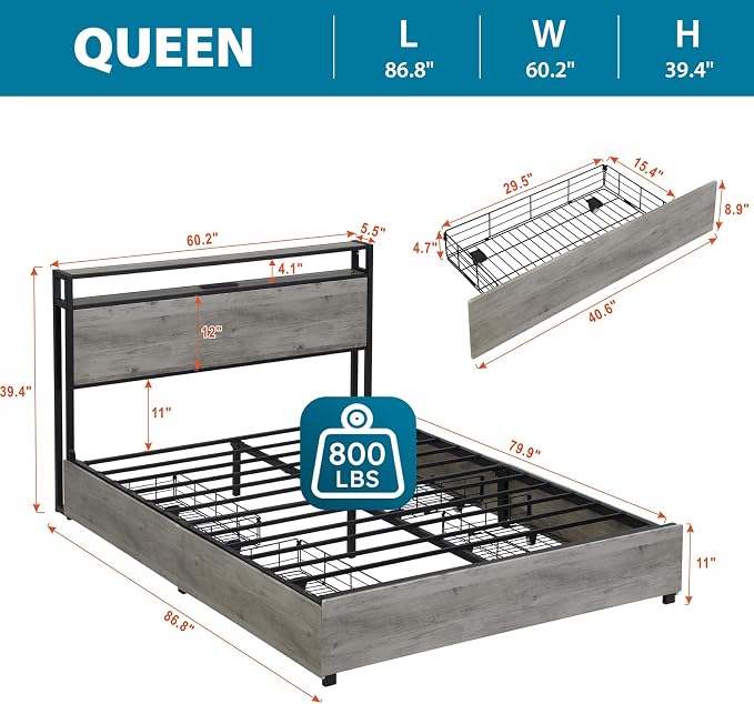 Kiivakii Queen Size Bed Frame with 4 Storage Drawers, LED Platform Bed with Headboard, Built in Charging Station, Noise-Free, Metal Support Base, No Box Spring Needed, Gray