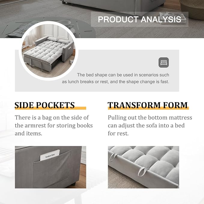 3-in-1 Loveseat Sleeper Sofa, Modern 55.5" Pull Out Couch, Velvet Upholstered Futon Sofa Bed with Adjustable Backrest, Convertible Sofa Bed with Storage Pockets for Living Room(Light Grey)