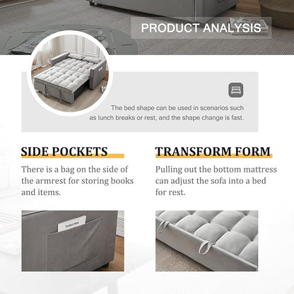 3-in-1 Loveseat Sleeper Sofa, Modern 55.5" Pull Out Couch, Velvet Upholstered Futon Sofa Bed with Adjustable Backrest, Convertible Sofa Bed with Storage Pockets for Living Room(Light Grey)