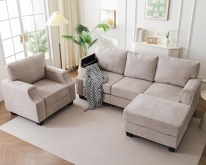 Rexulqo 85'' L Shaped Couch with Armrest Organizer,Comfy 3 Seats Sofa with Storage Ottoman,Chenille Sectional Couches for Living Room,Bedroom,Apartment,Sofa Set with Oversized Chair,Khaki