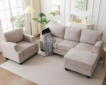 Rexulqo 85'' L Shaped Couch with Armrest Organizer,Comfy 3 Seats Sofa with Storage Ottoman,Chenille Sectional Couches for Living Room,Bedroom,Apartment,Sofa Set with Oversized Chair,Khaki