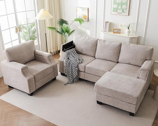 Rexulqo 85'' L Shaped Couch with Armrest Organizer,Comfy 3 Seats Sofa with Storage Ottoman,Chenille Sectional Couches for Living Room,Bedroom,Apartment,Sofa Set with Oversized Chair,Khaki