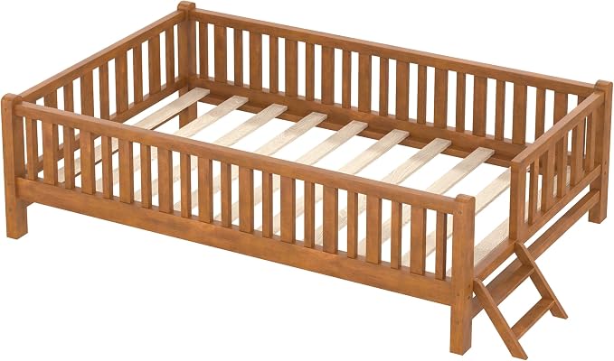 Merax Wood Twin Size Platform Bed with Guardrail, Kids Bed Frame with Stairs, Walnut