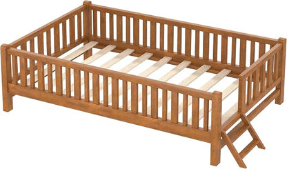Merax Wood Twin Size Platform Bed with Guardrail, Kids Bed Frame with Stairs, Walnut