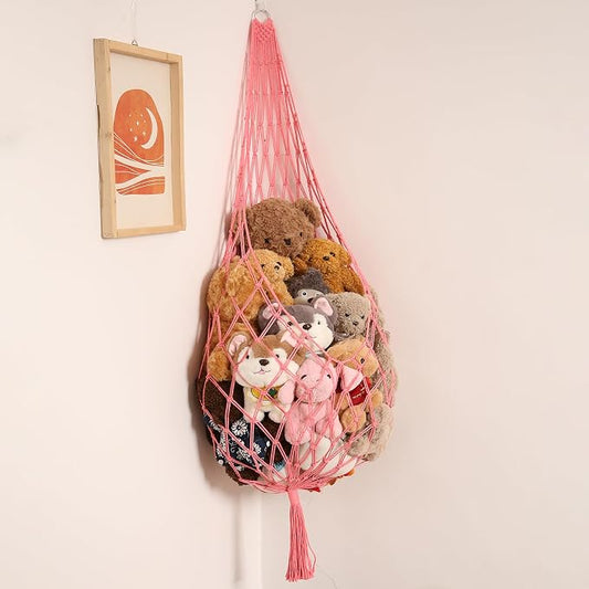 Amdermi Stuffed Animal Net or Hammock Corner Hanging Net for Stuffy Animal Storage Macrame Toy Display Plush Toy Holder Wall Pet Net for Nursery Kid Bedroom Decor Playroom Organizer (Pink)