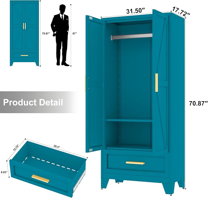 Baborokic Metal Wardrobe Cabinet,71 Armoire Wardrobe Closet with Drawers and Hanging Rod,Metal Armoire with Adjustable Shelves for Closet,Bedroom,Farmhouse Storage Cabinet with Drawer(Blue)