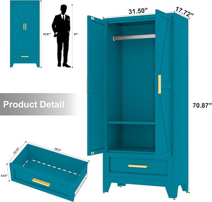 Baborokic Metal Wardrobe Cabinet,71 Armoire Wardrobe Closet with Drawers and Hanging Rod,Metal Armoire with Adjustable Shelves for Closet,Bedroom,Farmhouse Storage Cabinet with Drawer(Blue)