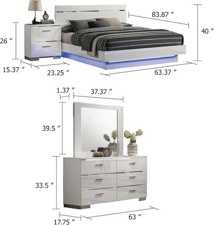 Benzara Pero 4pc Queen Bedroom Set with LED, Chrome and White, Dresser Mirror