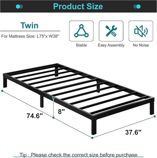 Maenizi 8 Inch Twin Bed Frame No Box Spring Needed, Heavy Duty Metal Platform Bed Frame Twin Size Support Up to 2500 lbs, Easy Assembly, Noise Free, Black