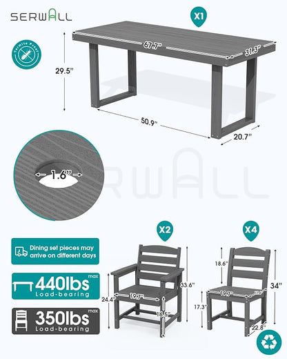 SERWALL HDPE Outdoor Dining Set for 6, 67'' Patio Table and Chairs Set | with Armless Seat
