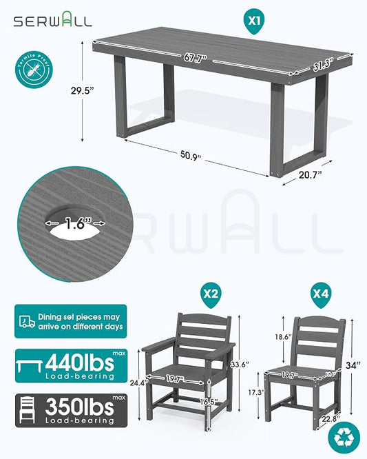 SERWALL HDPE Outdoor Dining Set for 6, 67'' Patio Table and Chairs Set | with Armless Seat