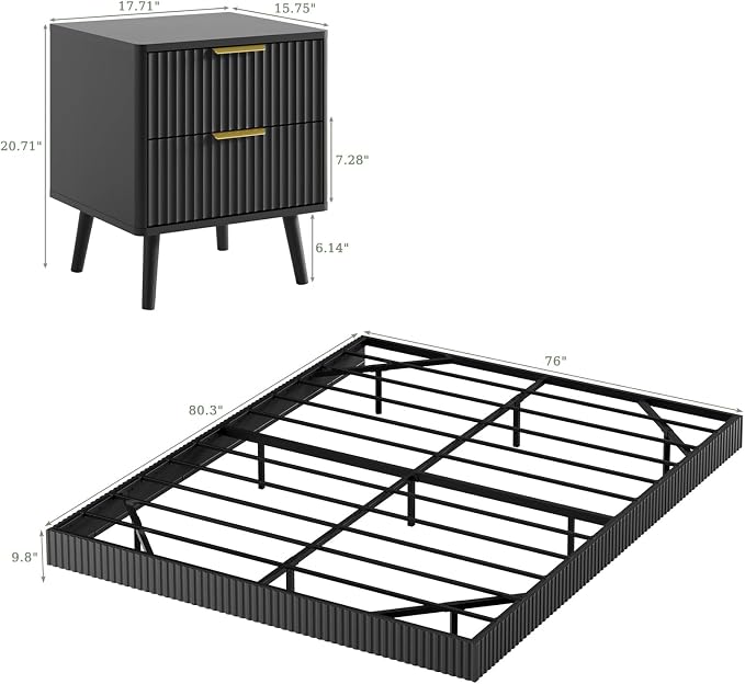 LYNSOM 3 Pieces King Bedroom Set, Floating Bed Frame with Smart LED Lights & Nightstand Set of 2, Fluted Bedroom Furniture Set for Home, Bedroom, Black