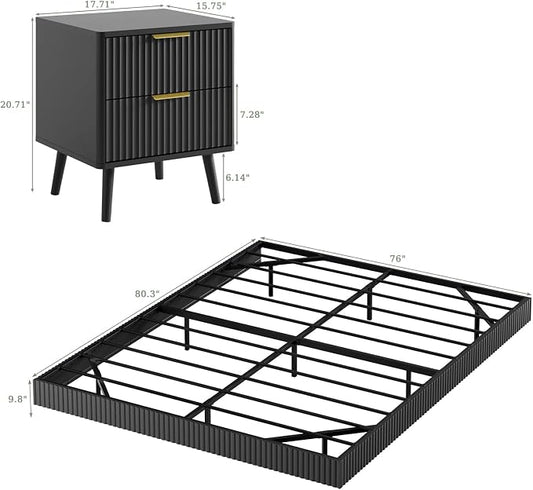 LYNSOM 3 Pieces King Bedroom Set, Floating Bed Frame with Smart LED Lights & Nightstand Set of 2, Fluted Bedroom Furniture Set for Home, Bedroom, Black