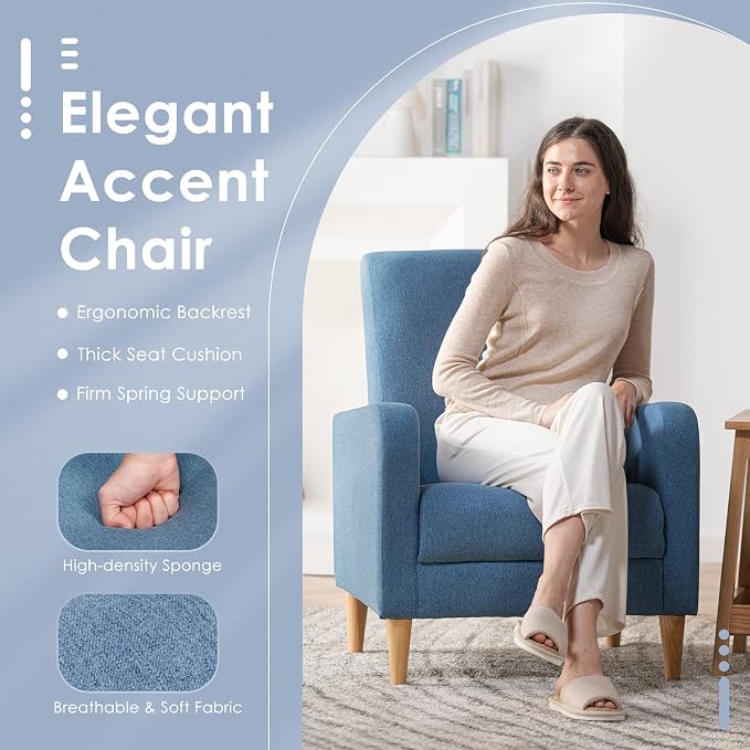 COLAMY Mid-Century Modern Accent Chair, Fabric Upholstered Living Room Chair with Back Pillow & Solid Wood Legs, Comfy Armchair for Living Room, Bedroom, Single Sofa, Blue