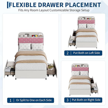 Garvee Twin Bed Frame with Cookie Sandwich Headboard, Beige Pink Bed for Girls, Storage with Cubbies Headboard & 2 Drawers, No Box Spring, Easy Assembly