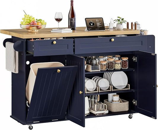 ONBRILL 60" Kitchen Island with Power Outlet & Drop Leaf, Rolling Island with Spice Rack & Towel Rack, Kitchen Island Cart with Trash Storage Cabinet, Island Table for Kitchen, Blue