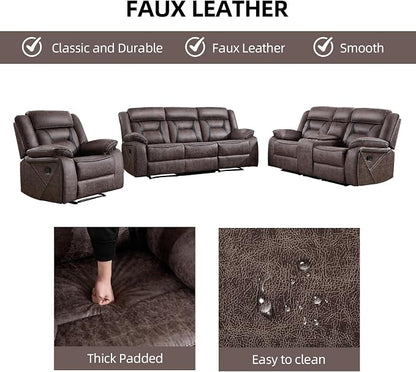 EBELLO Faux Leather Recliner Sofa Furniture Set for Living Room, Recliner Chair, Manual Loveseat, 3 Seat Recliniing Sofa Couch Set for Meeting Room, Grey