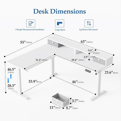 Klicelor L Shaped Electric Standing Desk 63 x 55.1 inch with Shelf, Height Adjustable Corner Desk, Sit Stand Desk with Storage Shelf, Home Office Computer Table, White