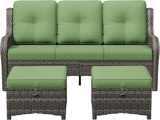 3-Piece Outdoor Couch Set, Include Wicker Patio Sofa with Thickened Olefin Cushions, High Back and Deep Seating, Hand-Woven PE Rattan and 2 Ottomans, Patio Conversation Set for Porch, Deck