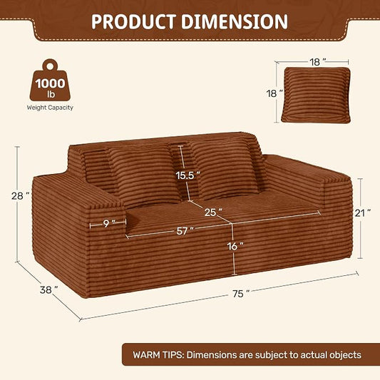 Luxanimarion 75'' Modern Loveseat Sofa, No Assembly Required Comfy Deep Seat Couches 1 pcs for Living Room, Bedroom, Apartment(Brown)
