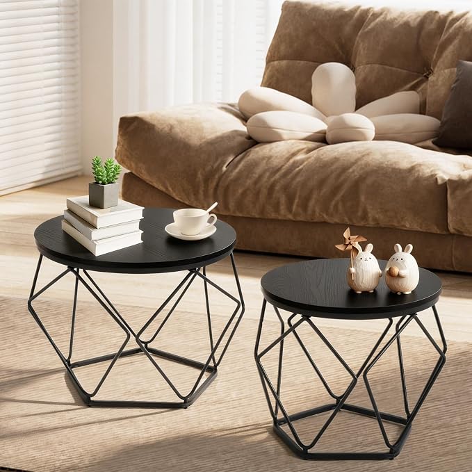 DUMOS Modern Geometric 2Pack Coffee Table, Round Nesting Side Tables with Hidden Storage, Movable End Tables for Living Room Decor & Practical Use Black