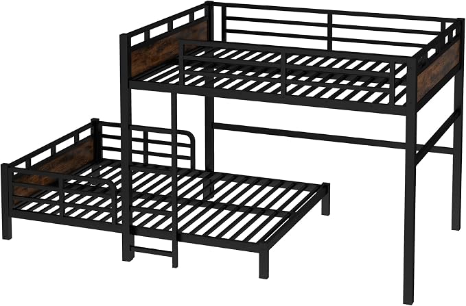 Full Over Full Metal Bunk Bed, Heavy Duty Convertible Bunk Bed Frame with Headboard & Full Guardrails, Can Be Split into Two Platform Beds or Loft Bed, Vintage