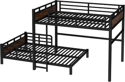 Full Over Full Metal Bunk Bed, Heavy Duty Convertible Bunk Bed Frame with Headboard & Full Guardrails, Can Be Split into Two Platform Beds or Loft Bed, Vintage