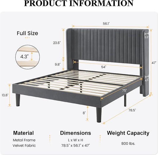 SHA CERLIN Full Size Velvet Bed Frame with Vertical Channel Tufted Wingback Headboard, Upholstered Platform Bed with Wood Slats, No Box Spring Needed, Easy Assembly, Grey
