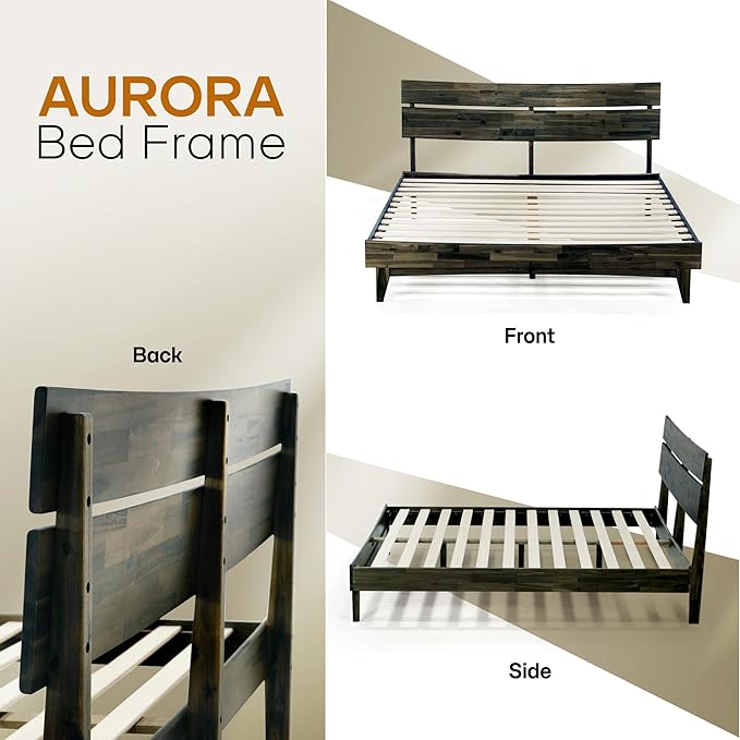 Acacia Aurora Wooden Bed with Headboard, King Size Bed Frame, 800lbs Capacity Wood Bed Compatible with All Mattress Types, Non-Slip & Noise-Free, Wood Slats Support, Easy Assembly, Mocha.
