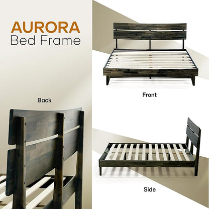 Acacia Aurora Wooden Bed with Headboard, King Size Bed Frame, 800lbs Capacity Wood Bed Compatible with All Mattress Types, Non-Slip & Noise-Free, Wood Slats Support, Easy Assembly, Mocha.