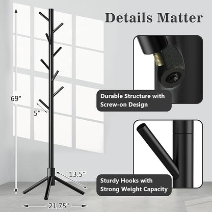 Wooden Coat Rack Freestanding with 8 Hooks,Easy Assembly New Zealand Pine Tree Coat Racks, 3 Adjustable Sizes for Clothes, Hats, Bags, for Entryway, Hallway, Bedroom, Office (Black, 2 PCS)
