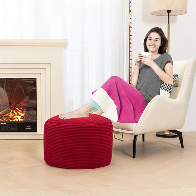 Round Pouf Ottoman 20 x 20 x 14 Inches Boho Poof Home Decor Floor Pouffe Ottoman Foot Rest for Couch Sofa Bean Bag Chairs Living Room Bedroom (Burgundy)