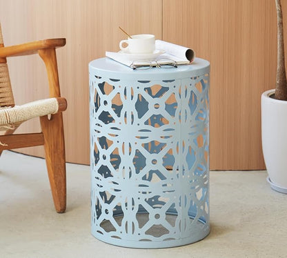 HFHOME Set of 3 Metal Outdoor Side Table, Nesting Round Coffee Table for Indoor Outdoor, Heavy Duty End Tables Plant Stand Living Room Garden Stool - Blue